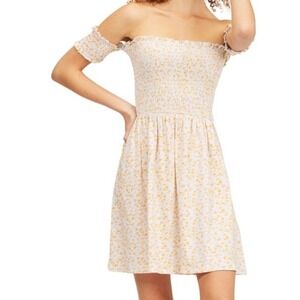 Billabong Yellow Floral Smocked Off-Shoulder Mini Dress White‎ Cotton M